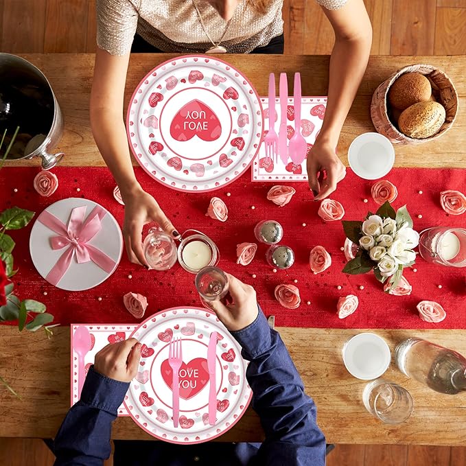 168Pcs Valentines Paper Plates and Napkins,Valentine's Day Party Supplies Pink Heart Paper Plates Napkins Cups Dinnerware for Galentines Party Decorations,Serves 24