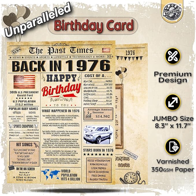 50th Birthday Card for Women Men - Back In 1976 Newspaper - 50 th Happy BIRTHDAY card - 50 birthday gift for Her Him - JUMBO size - 50th birthday decorations Dad Mom - Best gifts for 50 year old