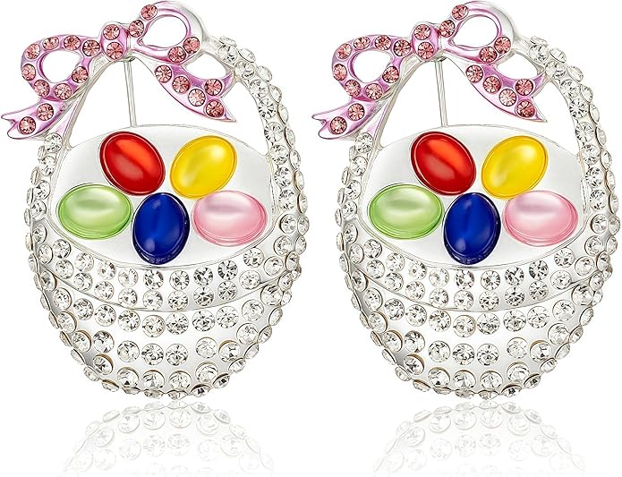 2Pcs Crystal Basket Colorful Easter Egg Brooches Pins with Pink Bow Rhinestones