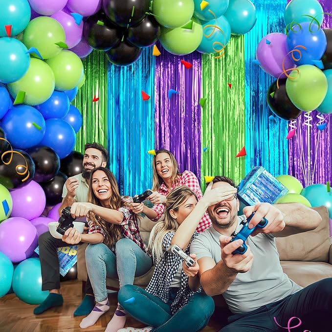 Video Game Balloon Arch Garland Kit Birthday Party Decorations, Purple Blue Green Foil Fringe Curtains Backdrop Tinsel Streamer Photo Booth Props for Gaming Theme Party Decor Supplies Favors