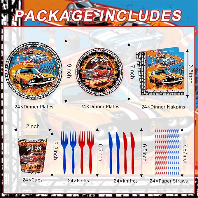 168PCS Race Car Party Supplies for Boys Plates and Napkins Cups Straws for Birthday Hot Car Party Themes for Kids Boys Racer Tableware Set 24 Guests