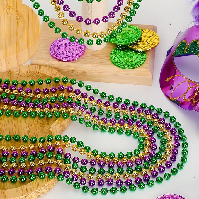 15PCS Mardi Gras Beads, Green Purple Gold Mardi Gras Necklace Accessories, 33" Round Festival Beads Carnival Party Favors Bulk, Necklace for Parade Throws Party Decorations Costumes Supplies