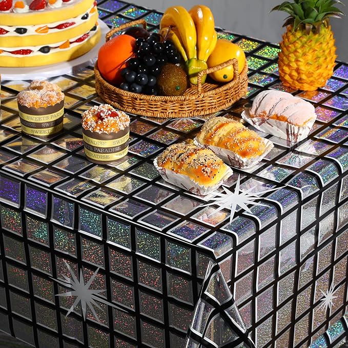 6 Pack Disco Tablecloth Party Decorations, Shiny Iridescent Disposable Laser Rectangle Table Covers, Silver Holographic Plastic Table Cloth for 70s Disco Birthday Theme Party Decorations, 39 x 108Inch