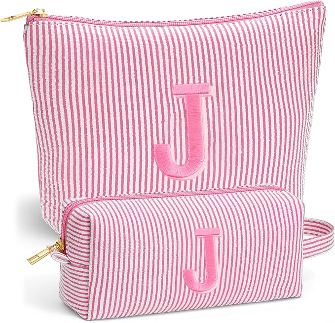 Travel Makeup Bag for Girls - Personalized Initial Pink Makeup Bag, Teen Girl Gifts Trendy Stuff, 6 7 8 9 10 11 12 Year Girl Birthday Gift, Christmas Gift for Girls Travel Essentials, Letter J