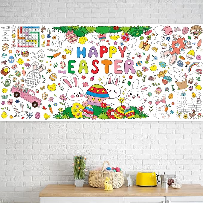 Giant Easter Coloring Tablecloth, 54" x 108" Easter Crafts Table Cloth, Coloring Tablecloth Disposable for Crafts Party Decorations, Rectangular Painting Poster Banner Art Activities with Bunny Eggs