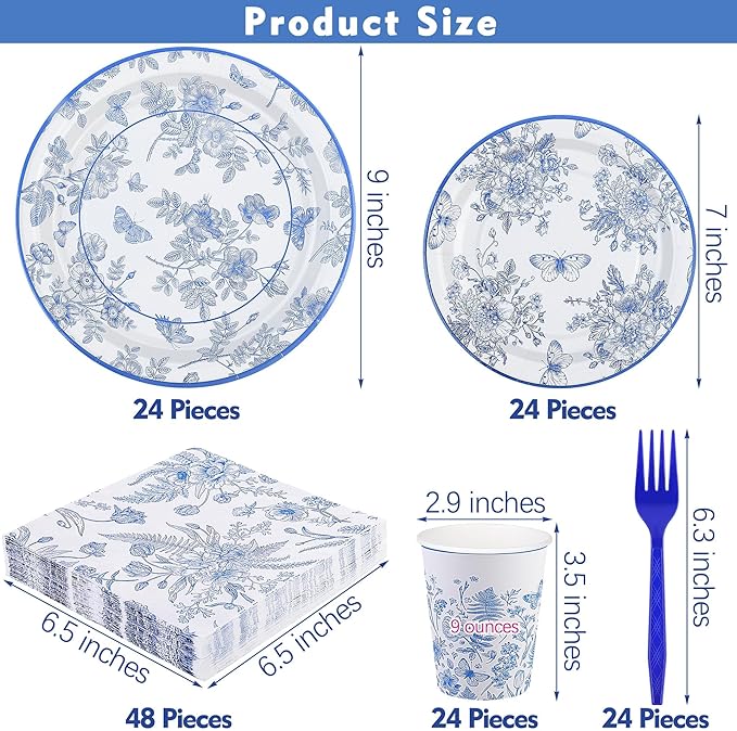 durony 144 Pieces Blue and White Flower Disposable Tableware Set 9 Inch 7 Inch Elegant Floral Paper Plates Blue Floral Cups Napkin and Forks Serve 24 for Birthday Baby Shower Party Supplies