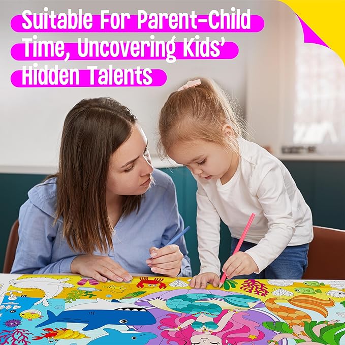 Mermaid World Coloring Poster, Large Coloring Activity Paper 75” x 31” Jumbo Size Ocean-themed Paper DIY Painting Drawing Banner/Tablecloth for School, Wall Decor