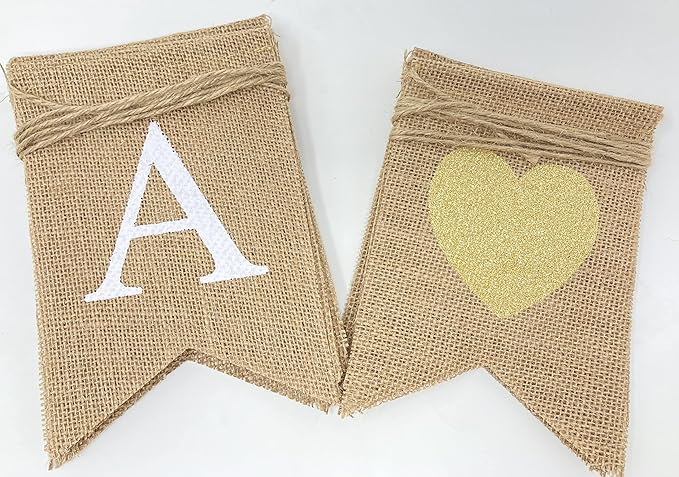 "Happy Anniversary" Burlap Banner – Rustic “Happy” and “Anniversary” across natural burlap flags (approx. 5" × 7") with Sparkly Gold Hearts Party Decor