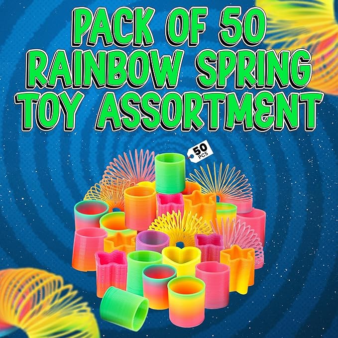 Bedwina Rainbow Spring Toy Assortment - (Pack of 50) Mini Plastic Coil Spring Toy | Bright Colors and Shapes, Goody Bag Filler, Party Prizes and Stocking Stuffers for Kids