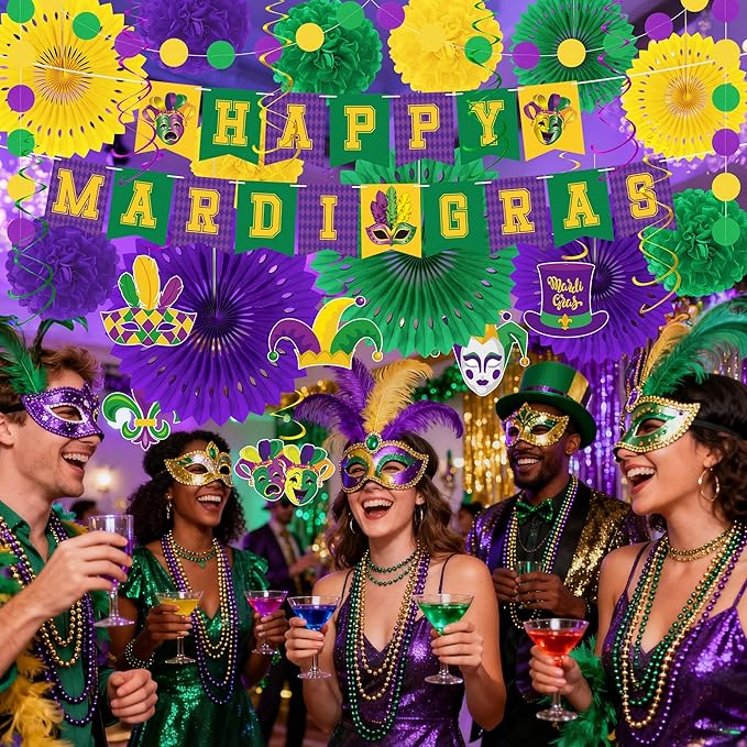 25PCS Mardi Gras Decorations, Mardi Gras Party Favors Decor Kit with Paper POMPOM, Happy Carnival Paper Fans Banner Felt Garland, Crown Hanging Swirls for Carnival Party Parade Accessories