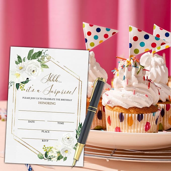 Shhh It's a Surprise Birthday Invitations, Greenery Floral Birthday Party Invitation Card, Surprise Birthday Party Favors & Celebration Supplies(20 Set of Invitations with Envelopes)-B27