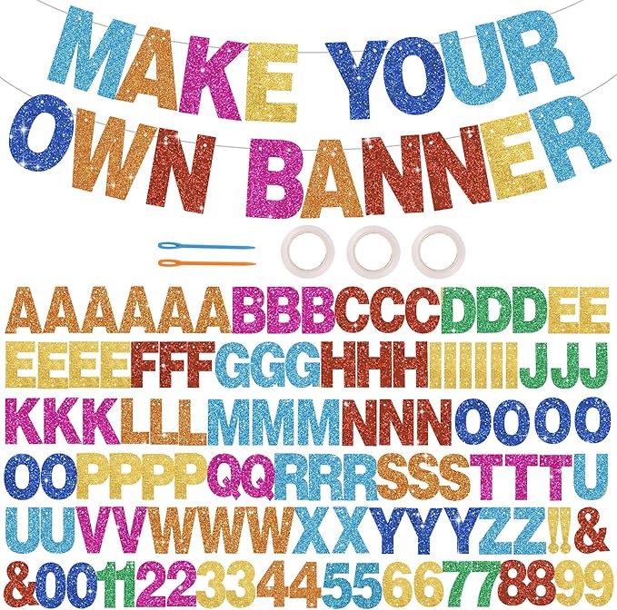 BEISHIDA 116 PCS A-Z DIY Letter Banner Kit Make Your Own Banner Glitter Colorful Including 111 Letters and Numbers 3 Rope and 2 Threading Device,Customized for Birthday Graduation Wedding Party Decor