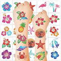 150 PCS Glitter Hawaiian Temporary Tattoos, 6 Pre-Cut Sheets of Hawaiian Party Decorations, Summer Accessories with Hibiscus Crab Designs, Palm Tree Decor for Women Men Flamingo Party Favors