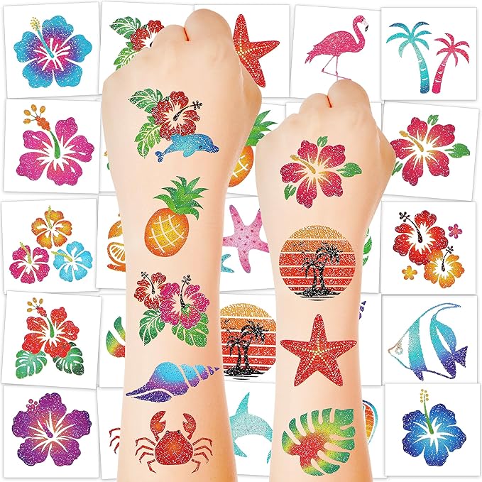 150 PCS Glitter Hawaiian Temporary Tattoos, 6 Pre-Cut Sheets of Hawaiian Party Decorations, Summer Accessories with Hibiscus Crab Designs, Palm Tree Decor for Women Men Flamingo Party Favors