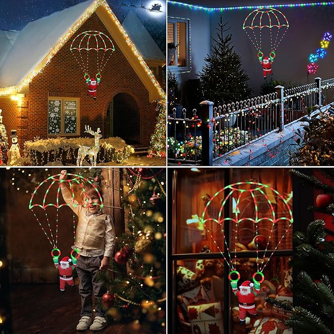 Toodour Christmas Decorations Lights Outdoor, 2.8FT Christmas Parachute Lights with Santa Claus, Waterproof 8 Modes Hanging Red & Green Xmas Light - Holiday Decorative Light for Indoor Eave Roof