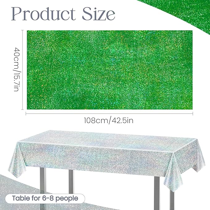 Sparkling Holographic Laser Tablecloth - Shimmering, Waterproof, Easy to Clean - Ideal for Bachelorette, Birthday, Wedding, and Anniversary Party Decorations (Green & Gold & Silver, 3)