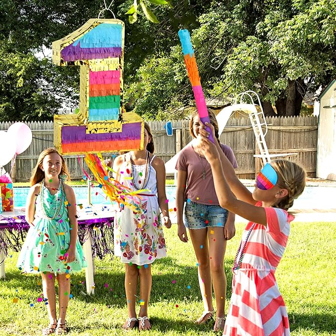 Rainbow Number 1 Pinata Birthday Decorations for Kids, Rainbow Pinata with Bat Stick Blindfold for Boys Girls Birthday Celebrations Baby Shower Party Supplies (16.1x10.6x2.9 Inches)