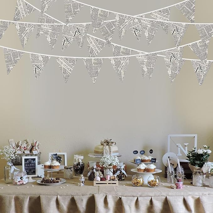 46Ft Vintage Newspaper Burlap Banner Newspaper Burlap Triangle Pennant Flag Linen Bunting Garland Streamers for Vintage Book Birthday Wedding Old News Baby Shower Engagement Library Party Decorations