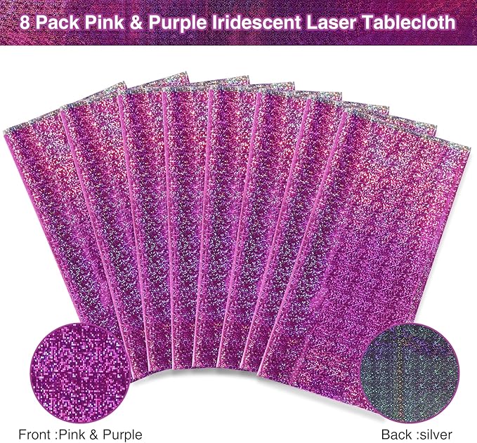 8 Pack Iridescence Plastic Tablecloths Shiny Disposable Laser Rectangle Table Covers Holographic Foil Tablecloth Iridescent Kpop Birthday Bridal Wedding Party Decoration, 54" x 108"(Pink & Purple)