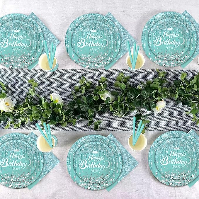Teal and Silver Party Tableware - Complete Pack for Birthday, Baby Shower Party Including Plates, Cups, Napkins, Straws