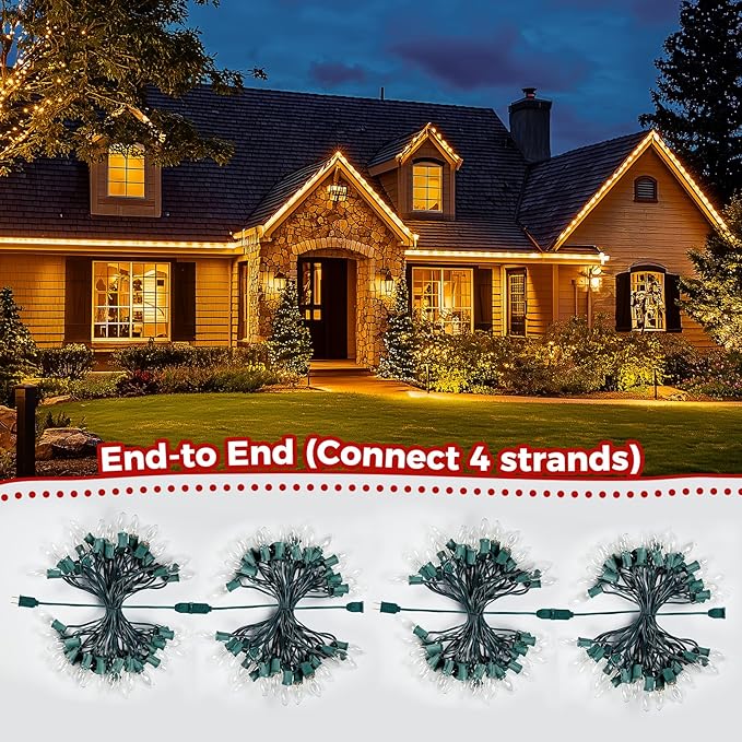 Brightown C9 Clear Christmas String Lights - Outdoor Christmas Tree Lights String - Hanging Christmas Roofline Lights - Patio Lights for Outdoor Decor - Green Wire, 25 Feet
