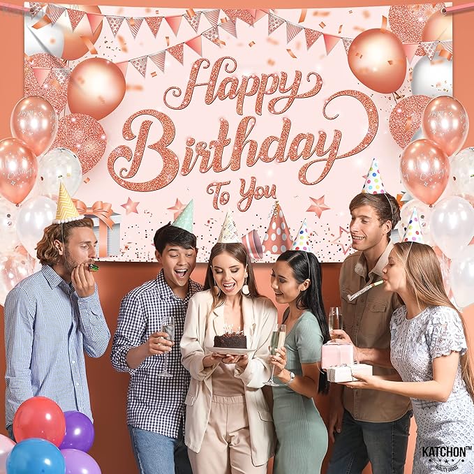 KatchOn, Rose Gold Happy Birthday Banner - XtraLarge 72x44 Inch | Happy Birthday Decorations for Girls, Women | Hbd Banner for Rose Gold Party Decoration