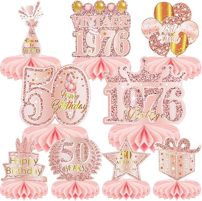 9 Pcs 50th Birthday Decoration for Women Happy 50th Birthday Table Honeycomb Decorations Rose Gold Pink Centerpieces Tables Toppers 1976 Decor Cheers to 50 Years Old Birthday Party Favors