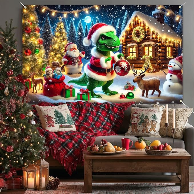 Christmas Banner Dinosaur Santa Claus Holiday Winter Wonderland Decorations Photo Backdrop Snow Scene Party Decor Tree Lights Gifts Reindeer Background for Wall 71 X 43 Inches