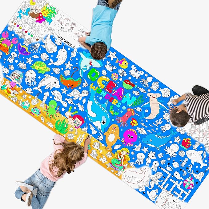 Ocean Coloring Poster, Large Coloring Activity Paper 75” x 31” Jumbo Size Blue Sea-themed Paper DIY Painting Drawing Banner/Tablecloth for School, Wall Decor