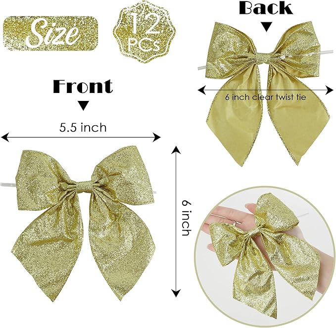 AIMUDI Gold Glitter Wired Ribbon Bows with Twist Tie 5.5" Premade Metallic Christmas Bows for Gift Wrapping, Wreath, Garland, Holiday Crafts Party Home Outdoor Christmas Tree Decorations, 12 PCs