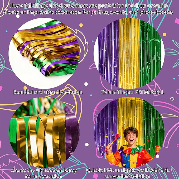 Mardi Gras Decorations - Green Gold Purple Streamers Backdrop Banner | Mardi Gras Party Decorations Indoor Outdoor Outside - New Orleans Masquerade Party Photo Booth Favors Supplies for Home Wall