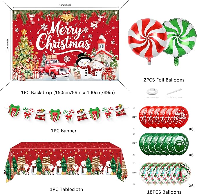 Christmas Party Decorations, Merry Christmas Banner Backdrop, Tablecloth,Candy Cane Foil Balloons,Family Party Decoration Supplies