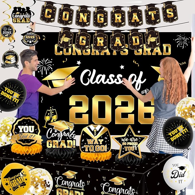Graduation Decorations 2026, Class of 2026 Backdrop, Banner, 2026 Foil Balloons, Tablecloth, Hanging Swirls, Honeycomb Centerpieces, Party Supplies Decorations Set for College (Black ang GOLD)