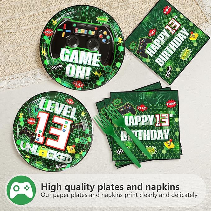 Grencian 96Pcs 13th Birthday Video Game Party Supplies Green Video Game Plates and Napkins Level Unlocked Tableware Set for Gaming Boys 13 Year Old Kids Birthday Party Decorations Serves 24