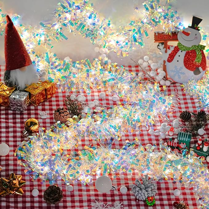Christmas Garland with Lights, 16.4FT Iridescent Tinsel Garlands Battery Operated & USB, Shiny Foil New Year Decorations, Garland for Birthday Holiday New Years Eve Party Supplies Hanging Home Decor