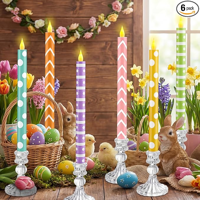 Honoson 6 Pcs Easter Flameless Taper Candles 10.6 Inch Colorful Candles Battery Operated LED Candlesticks for Easter Dinner Table Home Party Decor
