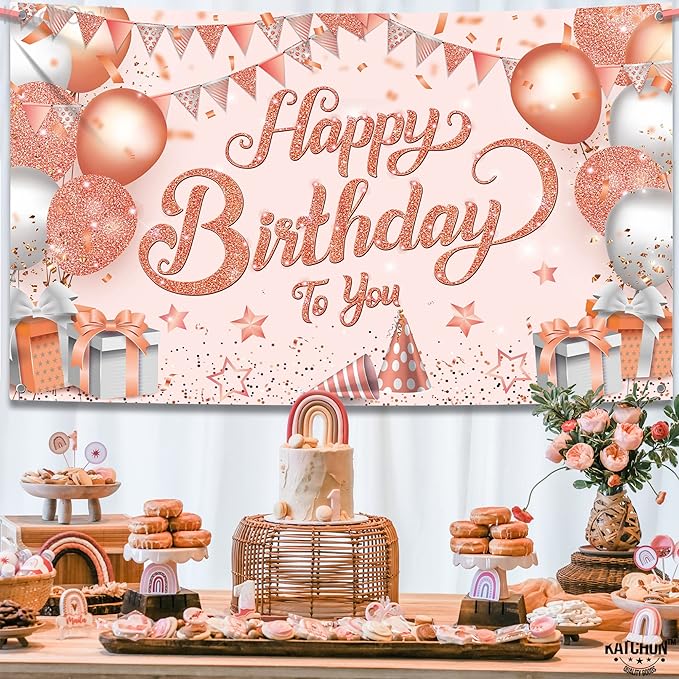 KatchOn, Rose Gold Happy Birthday Banner - XtraLarge 72x44 Inch | Happy Birthday Decorations for Girls, Women | Hbd Banner for Rose Gold Party Decoration