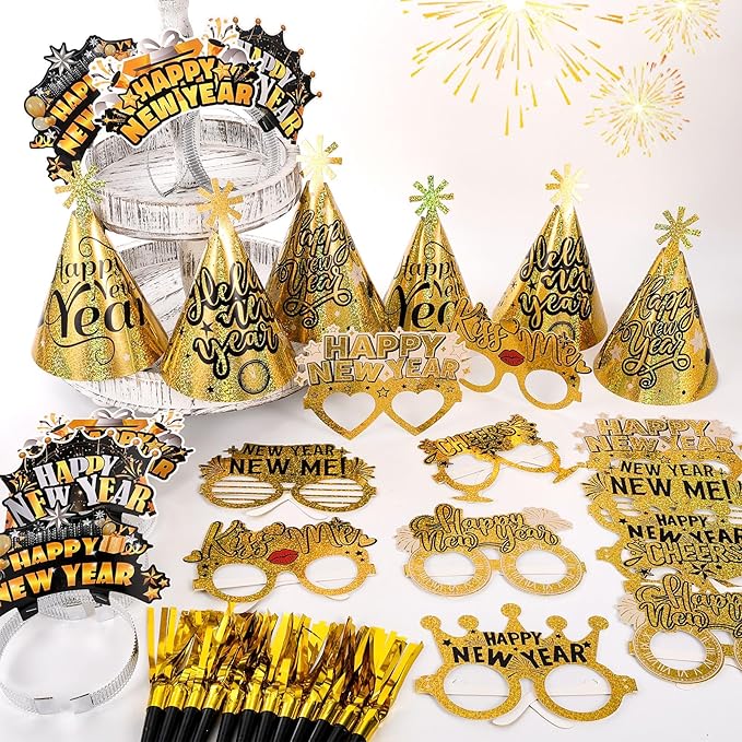 HOWAF New Years Eve Party Supplies 2026, Happy New Years Party Favors Headband Cone Hats Glitter Paper Eyeglasses Noise Makers Laser Gold New Year Decorations 2026 for NYE Favor Accessories 36pcs