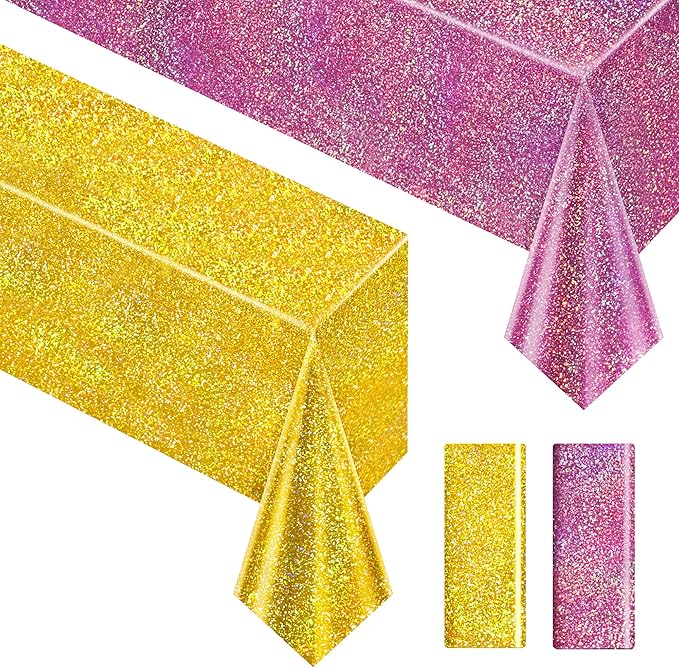 Sparkling Pink & Gold Holographic Laser Tablecloth - Shimmering, Waterproof, Easy to Clean - Ideal for Bachelorette, Birthday, Wedding, and Anniversary Party Decorations