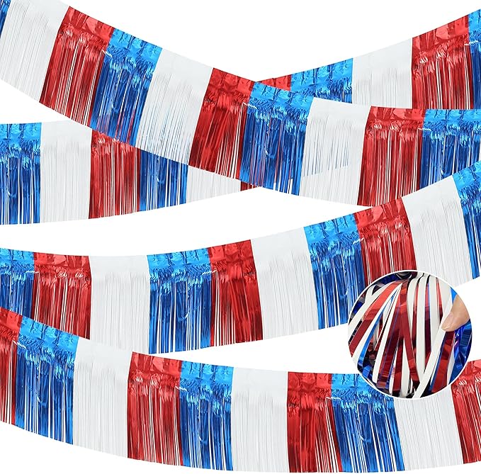 4 Packs Total 39 Feet 4th of July Parade Floats for Trailer Car, Red White Blue Foil Fringe Garland Patriotic Tinsel Streamers Banner Table Skirts for Graduation Homecoming Wedding Birthday Party