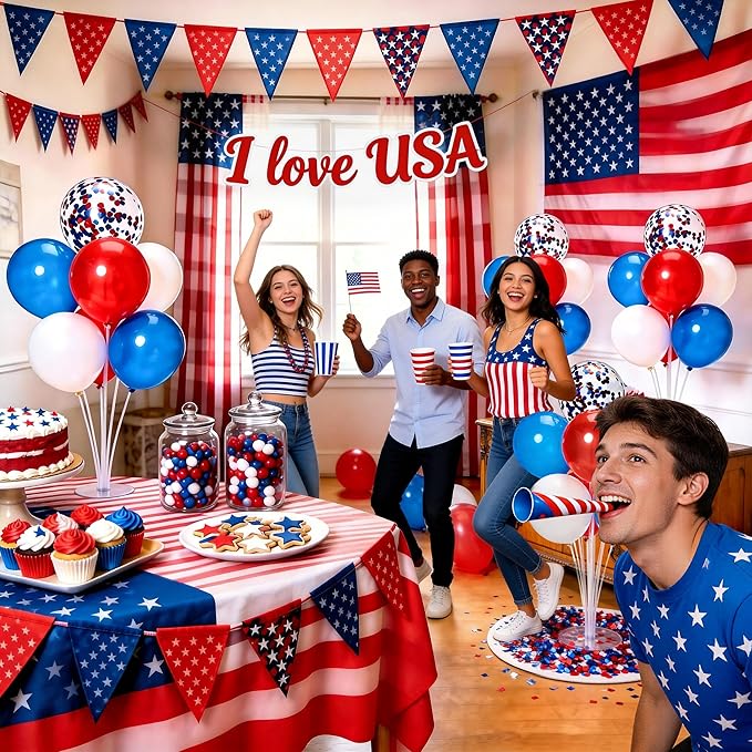 JOYYPOP 4th of July Balloon Centerpieces for Tables 4 Sets Balloon Stand Kit with 40 Red White Blue Confetti Balloons Patriotic 250th Anniversary Independence Day Table Decorations