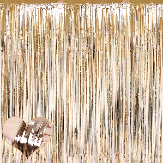 4 Pack Champagne Gold Fringe Curtain Backdrop, 3.2Ft x 6.6Ft Metallic Tinsel Foil Fringe Streamers Curtains Background for Photo Booth Birthday Baby Shower Party Thanksgiving Christmas Decorations
