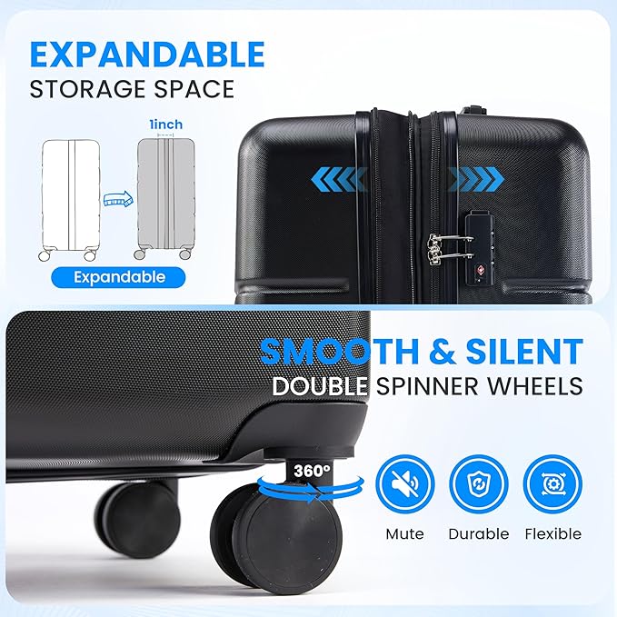 Simple Deluxe 20/24/28 Inch Expandable Hardside Carry On with Spinner Wheels & TSA Lock, ABS Hard Shell Lightweight Rolling Luggage Suitcase, Black