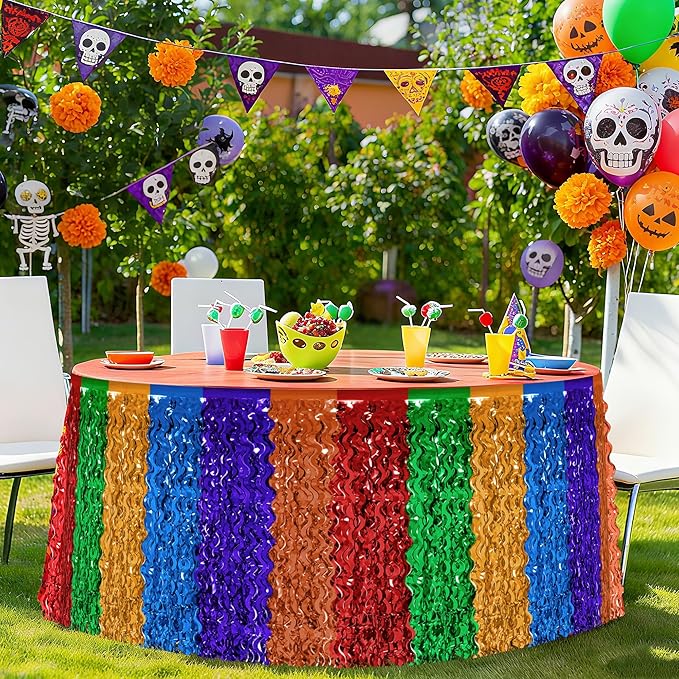 Cinco De Mayo Table Decorations, 2 Pack Fiesta Desk Skirts Supplies, Mexican Theme Metallic Wavy Tinsel Foil Fringe Table Skirts, Rainbow Skirts for Dia De Los Muertos Day Mexico Day of The Dead Decor