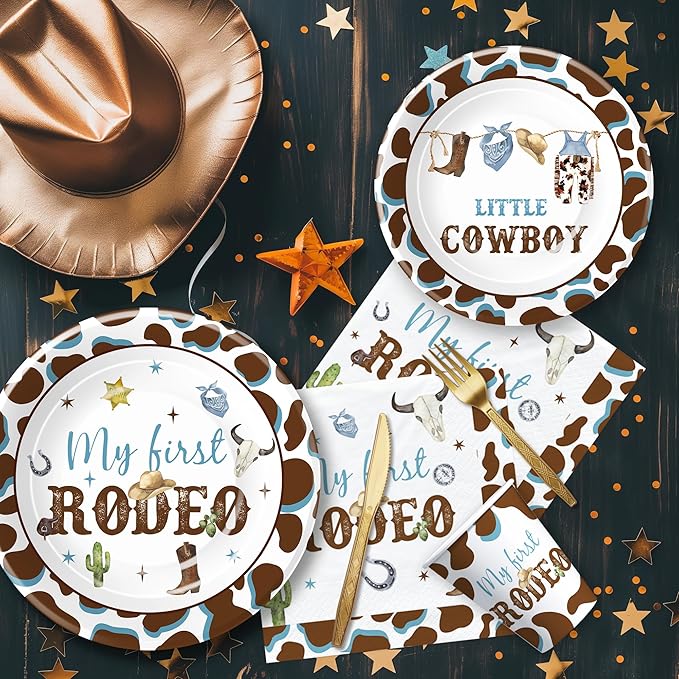 My First Rodeo Birthday Party Supplies Boy - Western Cowboy 1st Birthday Party Tableware, Paper Plate, Cup, Napkin, Disposable Cutlery, Wild West First Table Decorations | Serve 24
