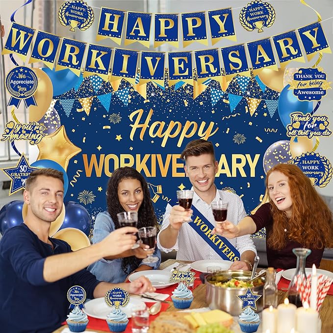 DARUNAXY Happy Workiversary Party Decorations for Men Women, Blue Gold Happy Work Anniversary Banner Cake Topper Hanging Swirl Confetti Balloons Decor Set for Employee Office Party Supplies(31PC)
