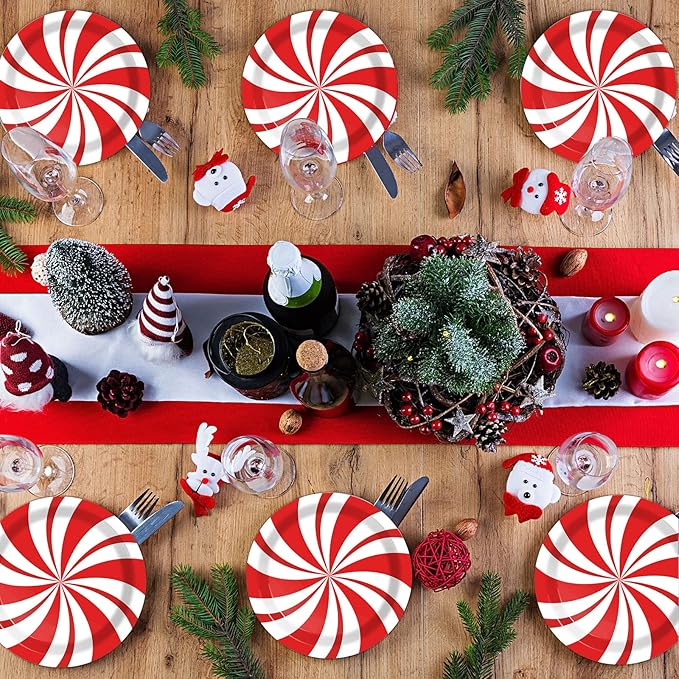 Wiooffen 48 Pcs Christmas Peppermint Candy Paper Plates Candy Mint Happy New Year Party Supplies 7" Bundle Christmas Holiday Festive Plate