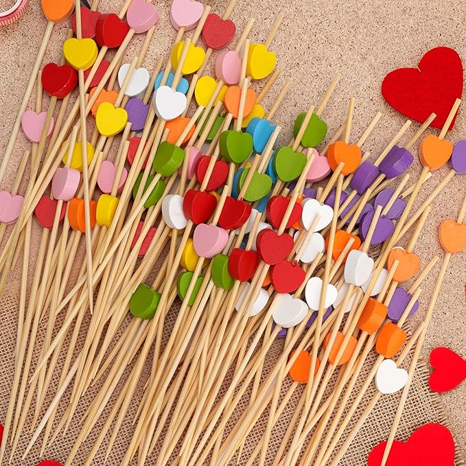 Minisland Multicolor Love Heart Cocktail Picks, 4.7 Inch Long Bamboo Fancy Toothpicks for Appetizers, Bridal Shower Wedding Valentines Party Food Drinks Garnish Fruit Skewer Sticks 100 Counts -MSL445