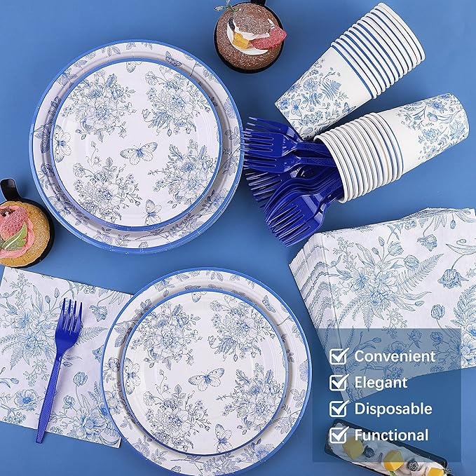 durony 144 Pieces Blue and White Flower Disposable Tableware Set 9 Inch 7 Inch Elegant Floral Paper Plates Blue Floral Cups Napkin and Forks Serve 24 for Birthday Baby Shower Party Supplies