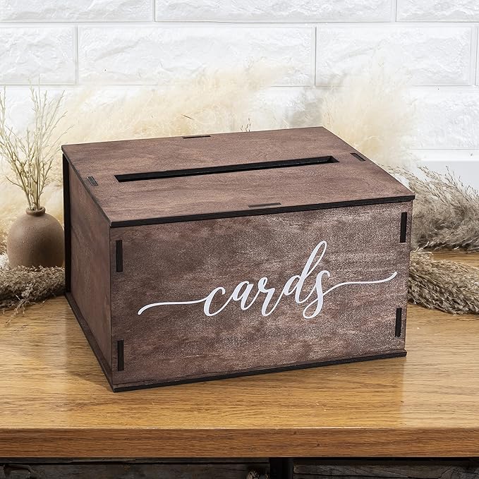 Wooden Wedding Card Box with Slot & Lid | Graduation Card Box | Rustic Vintage Decorations for Reception for Wedding Registry Gifts, Honeymoon Funds & Money | Baby & Bridal Shower - Standard Size